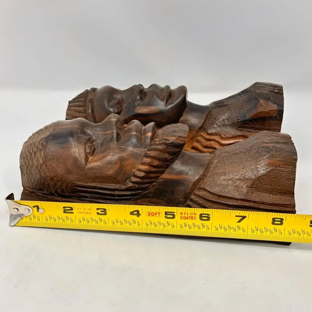 Vintage African Ironwood Bookends Hand Carved Wood Tribal Head Bust Male Female